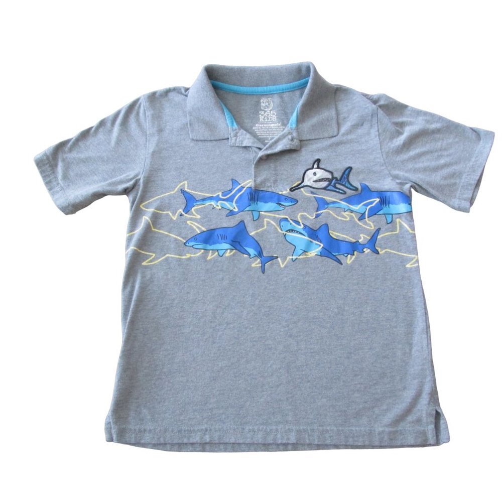 Garanimals 365 Kids Pullover Polo Shirt Youth Boys 7 Gray Short Sleeve Shark Top